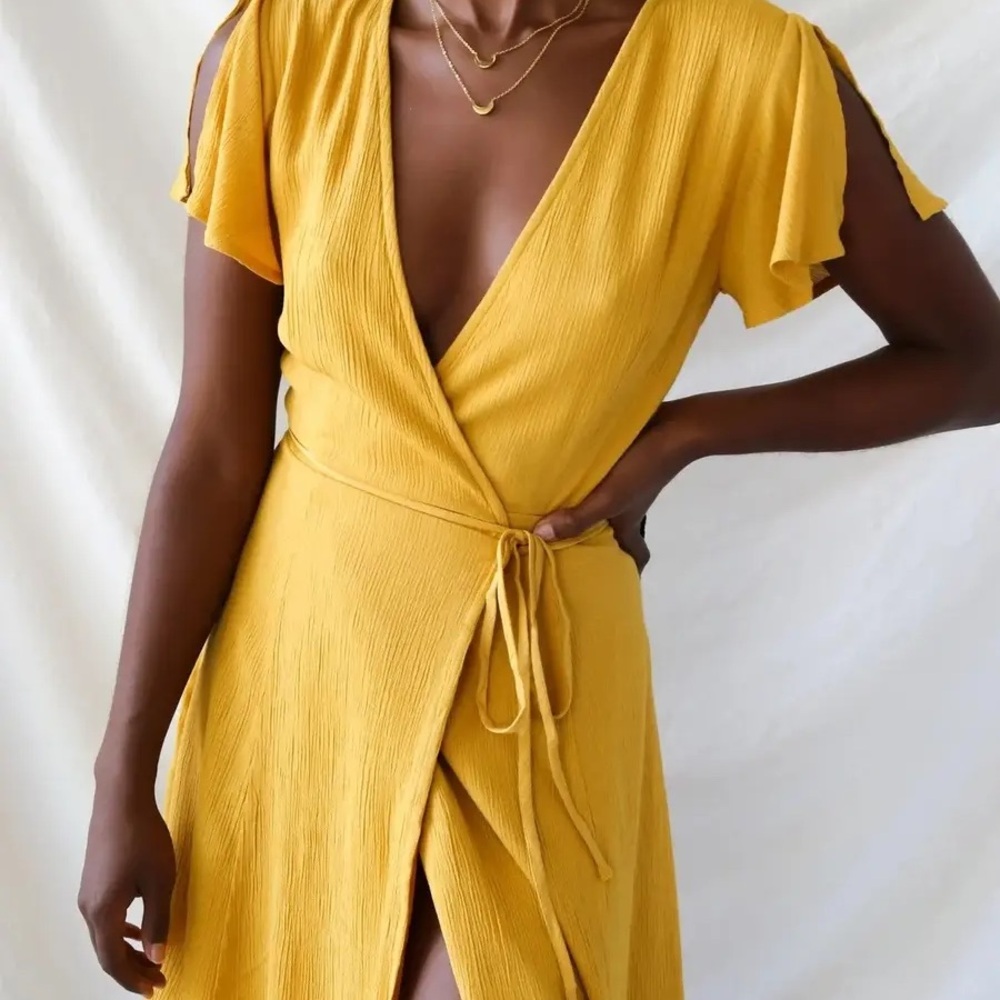 Lulus Harbor Point Mustard Yellow Wrap Dress
